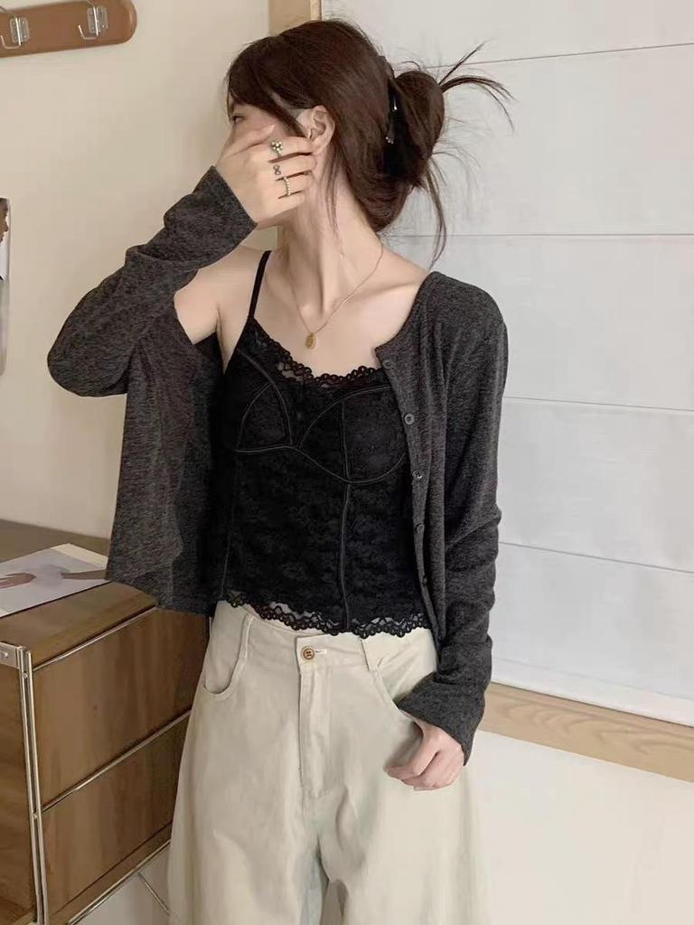 Herbst/Winter Französische Spitze Mit Stäbchen Verstärkte Rückseite Camisole - Warmes, Sexy Girly Basisschicht Top