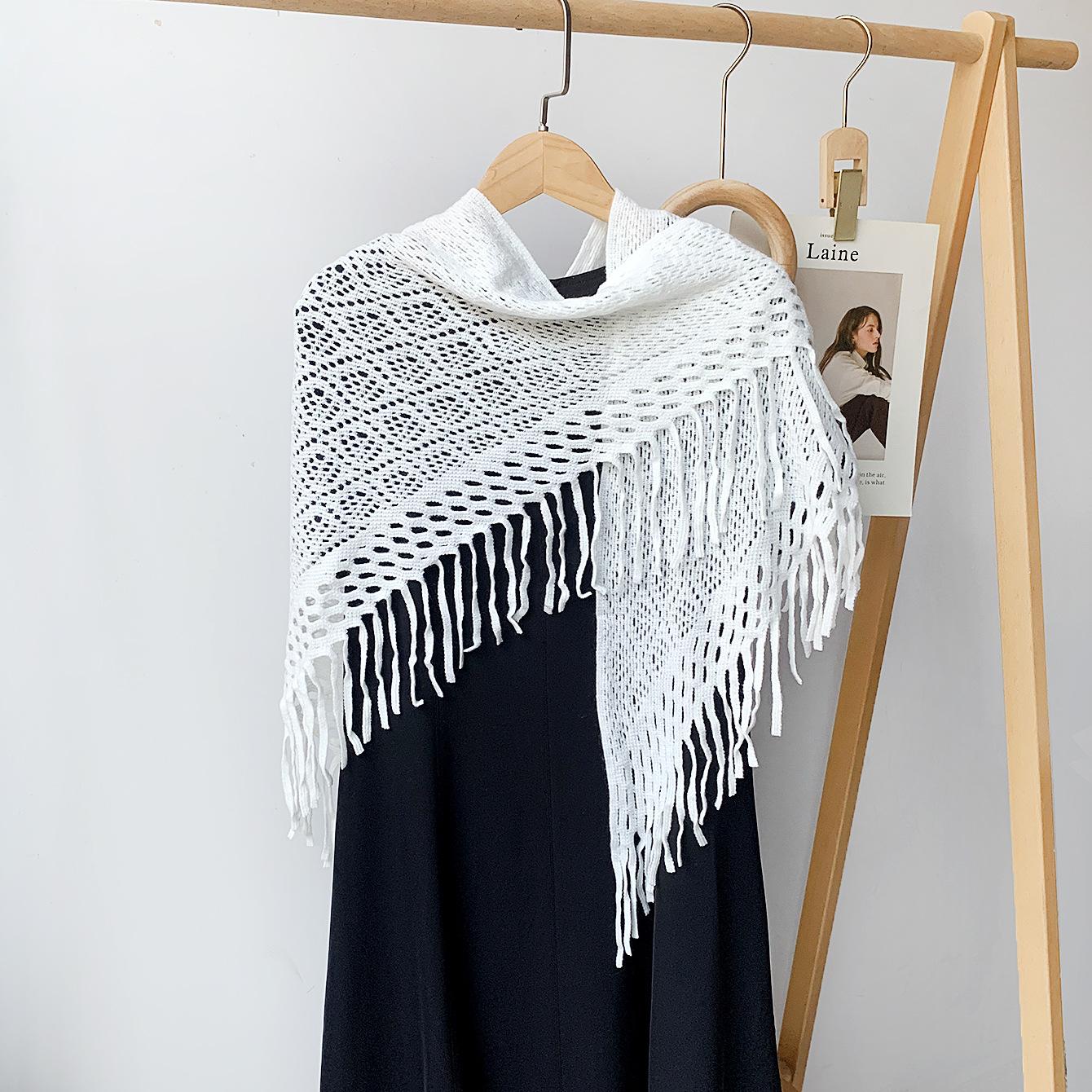 2026 New Tassel Shawl Solid Color Knitted Hollow Shawl Wool Triangle Scarf Fashion Foreign Trade Plain Shawl Women 240*90