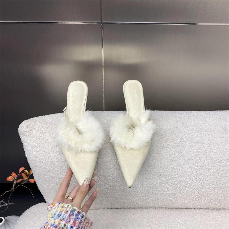 

2025 autumn and winter high-heeled velvet half-slippers women s versatile pointed head bag head sandals European and American temperament fi 39