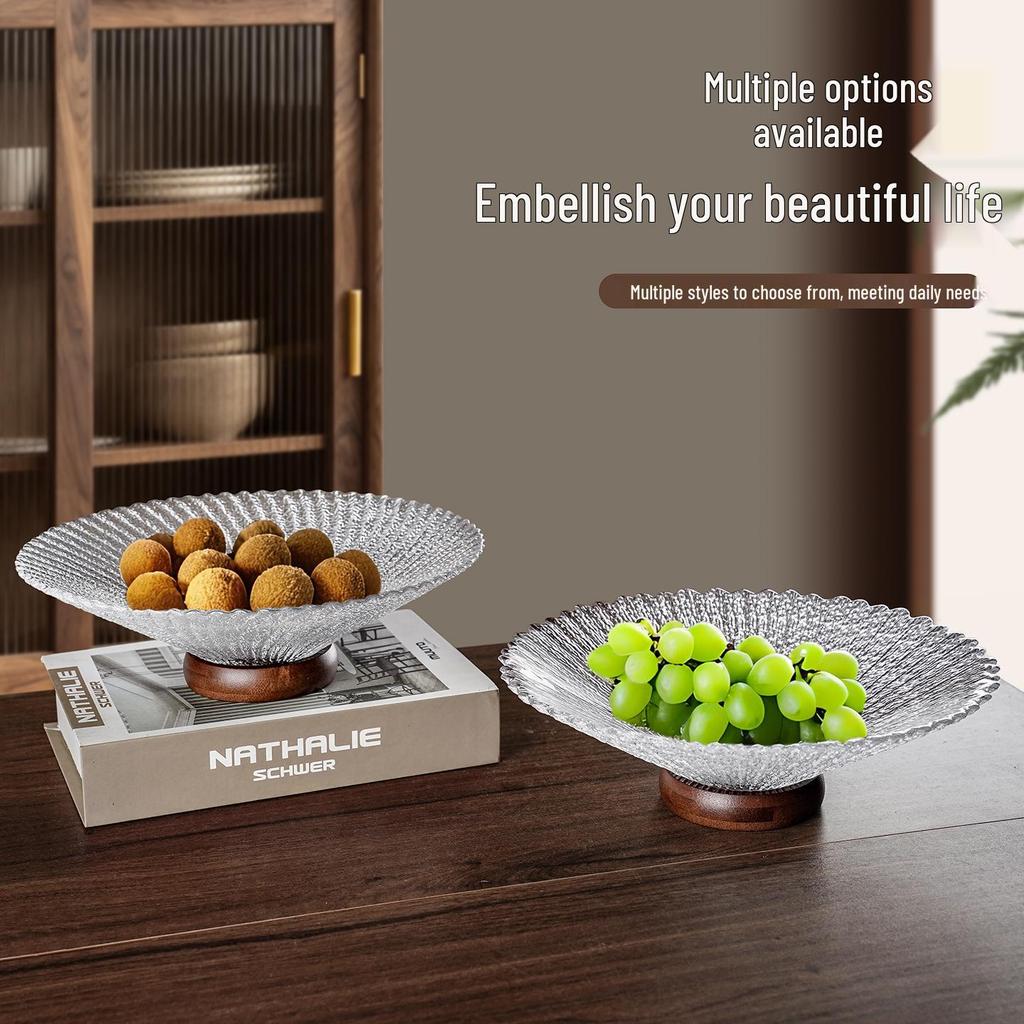 Elegant Retro Wooden High-Footed Frosted Glass Bowl for Living Room - Ideal for Snacks & Candies Display