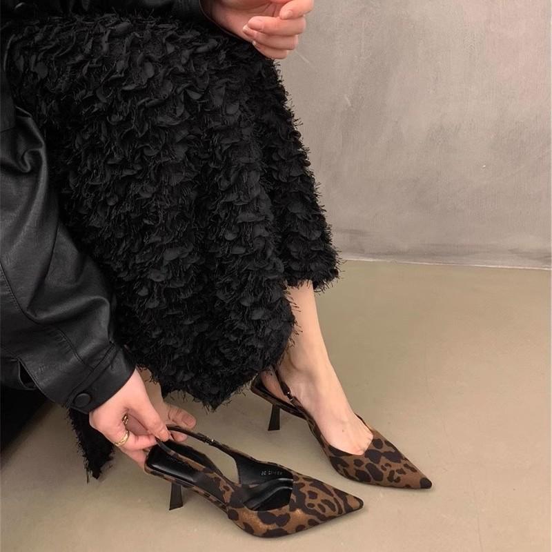 2025 spring and summer new sexy leopard print high heels bag head shoes children's women's shoes retro temperament pointed single shoes sandals