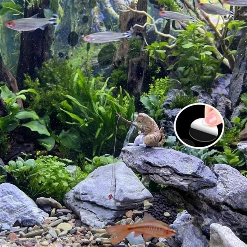Funny Fishing Kitten for Aquarium Glass WallDecoration Landscaping Cute Kitten FishTank Cartoon Decors Statue Resin