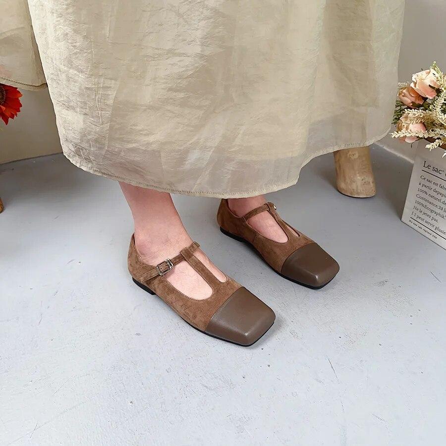 Johnature Square Toe Buckle Shallow Fashion Pumps Versatile Genuine Leather Women Low Heels Shoes