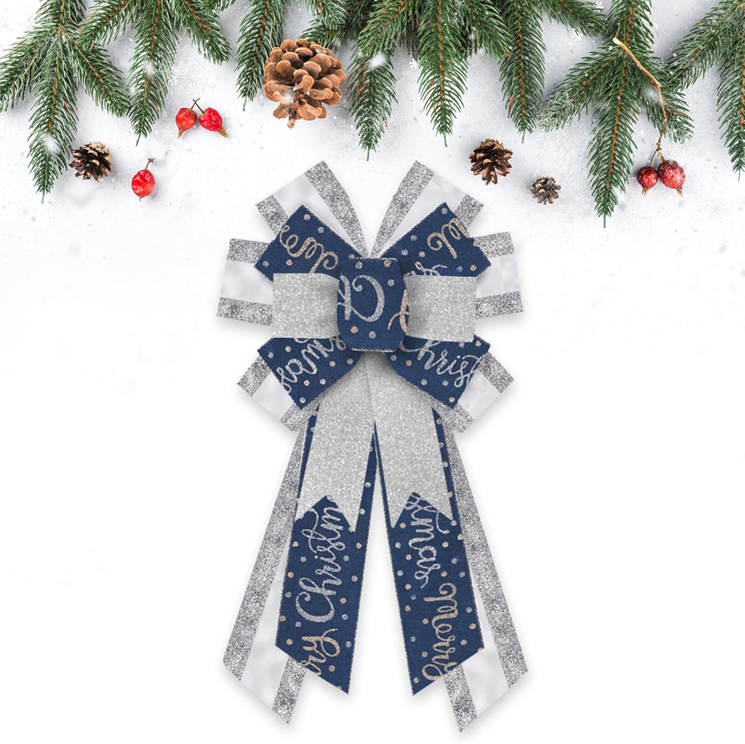 

Large Christmas Bows for Wreath Glitter Sliver Blue Burlap Bow Winter Holiday Craft Ribbon Bow Xmas Tree Bows for Decoration 20.81 x 11.42 in