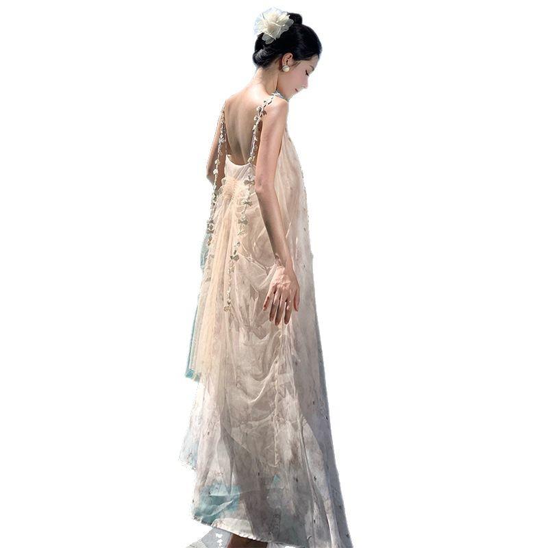 New Chinese-style Fake Two-piece Streamer Smudged Mesh Backless Suspender Dress Women's Morning Robe Vacation Style Seaside Long Skirt