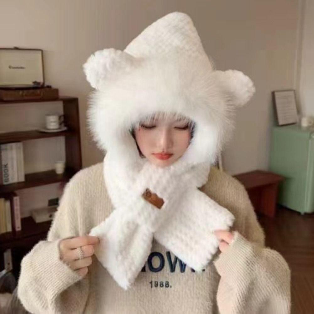 Warm Plush Scarf Soft Winter Neckerchief Cartoon Bear Ear Hat  Ski