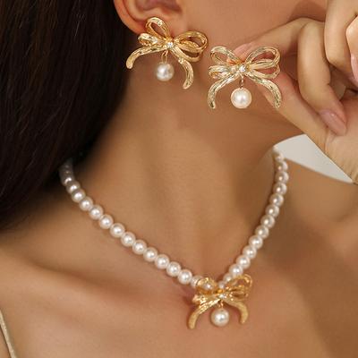 Schmuck Imitationsperlen Perlenkette Set Leichter Luxus Legierung Schleife Schlüsselbeinkette