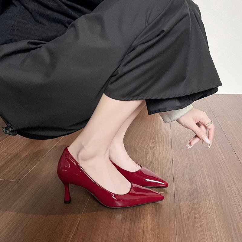 Sheepskin version~ nude high heels women's commuting cm single shoes pointed head light mouth thin heel leather soft sole work shoes