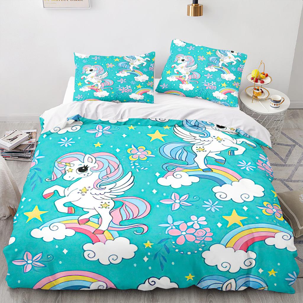 Unicorn Cartoon Rainbow Series 3D Quilt Set Three-Piece Digital Printing Kit