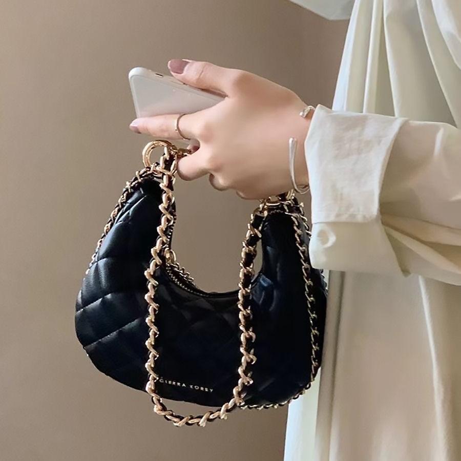 "Thousand Gold Night Crescent Bag, Moon Bag, Black Checkered Chain Bag, Shoulder Bag, Crossbody Bag, Handbag.