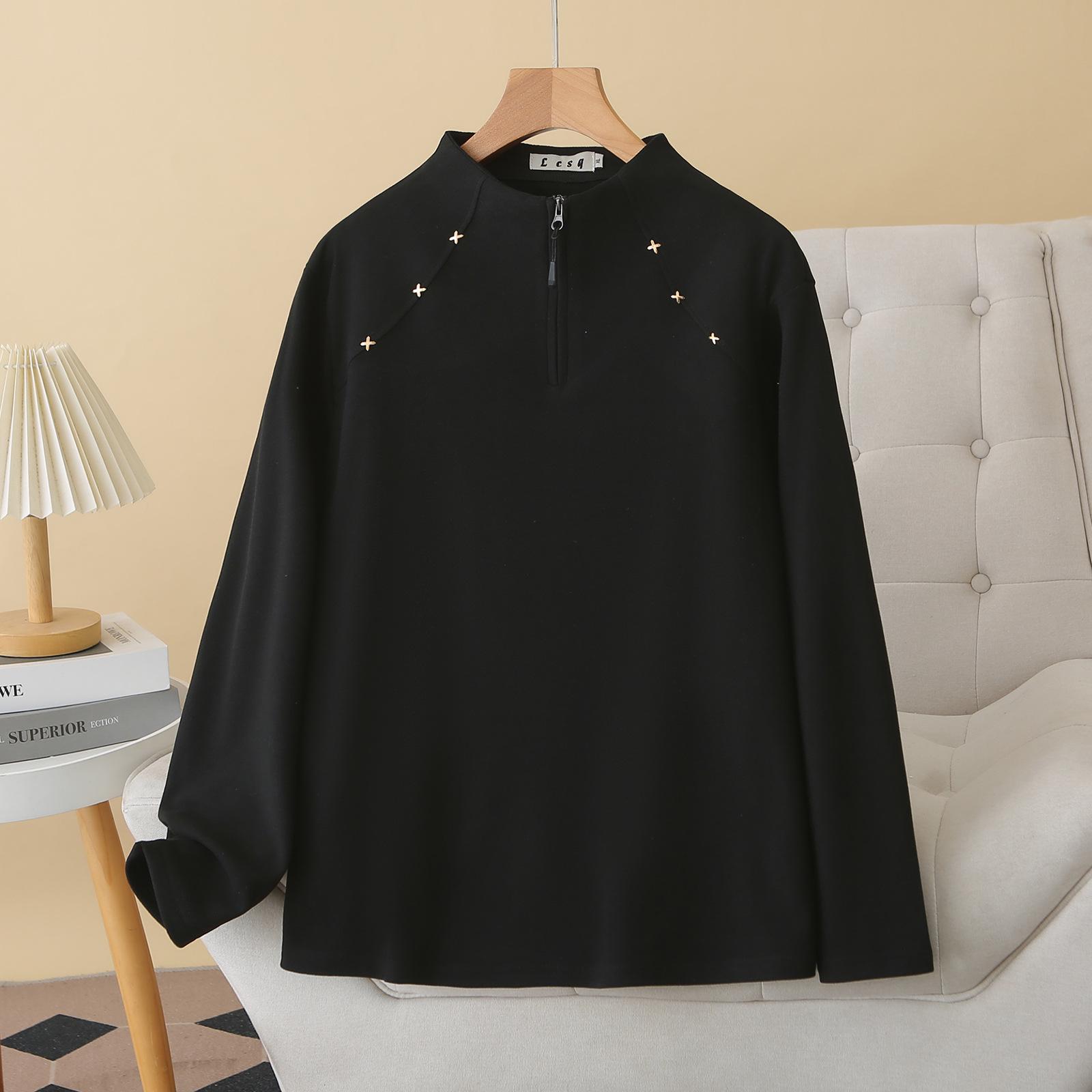 

Spring 2026 Plus Size Long Sleeve Stand Collar Top for Women - Slimming Stretchy Base Layer, 200 Jin 8332 4XL чорний