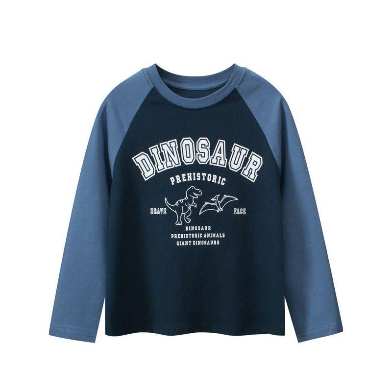 New Korean-Style Spring Tops for Older Children, Children's Clothing, Boys' Cartoon Dinosaur Long-Sleeve T-Shirt, Raglan Pure Cotton Base Shirt