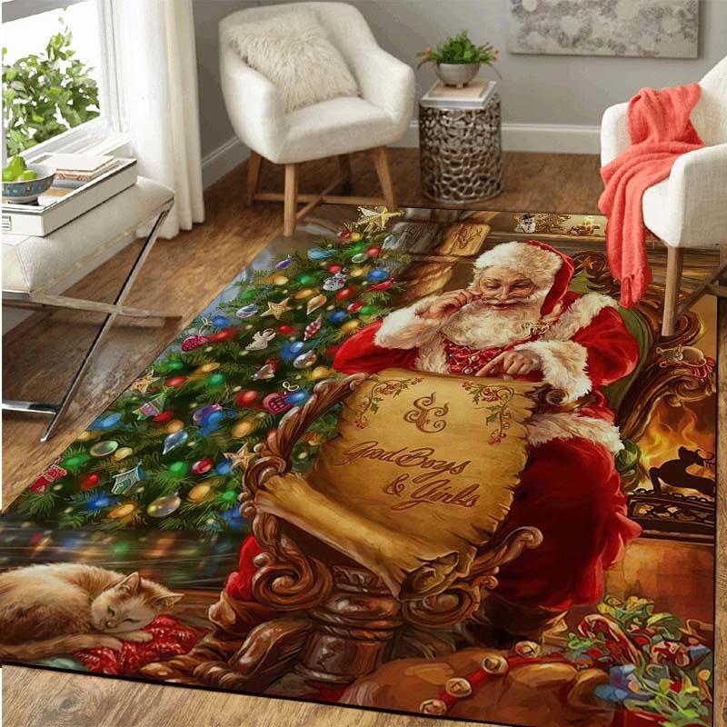 Christmas Santa Claus Carpet Large Area Rugs Anti-slip Soft Mat for Living Room Bedroom Hallway Balcony Decor