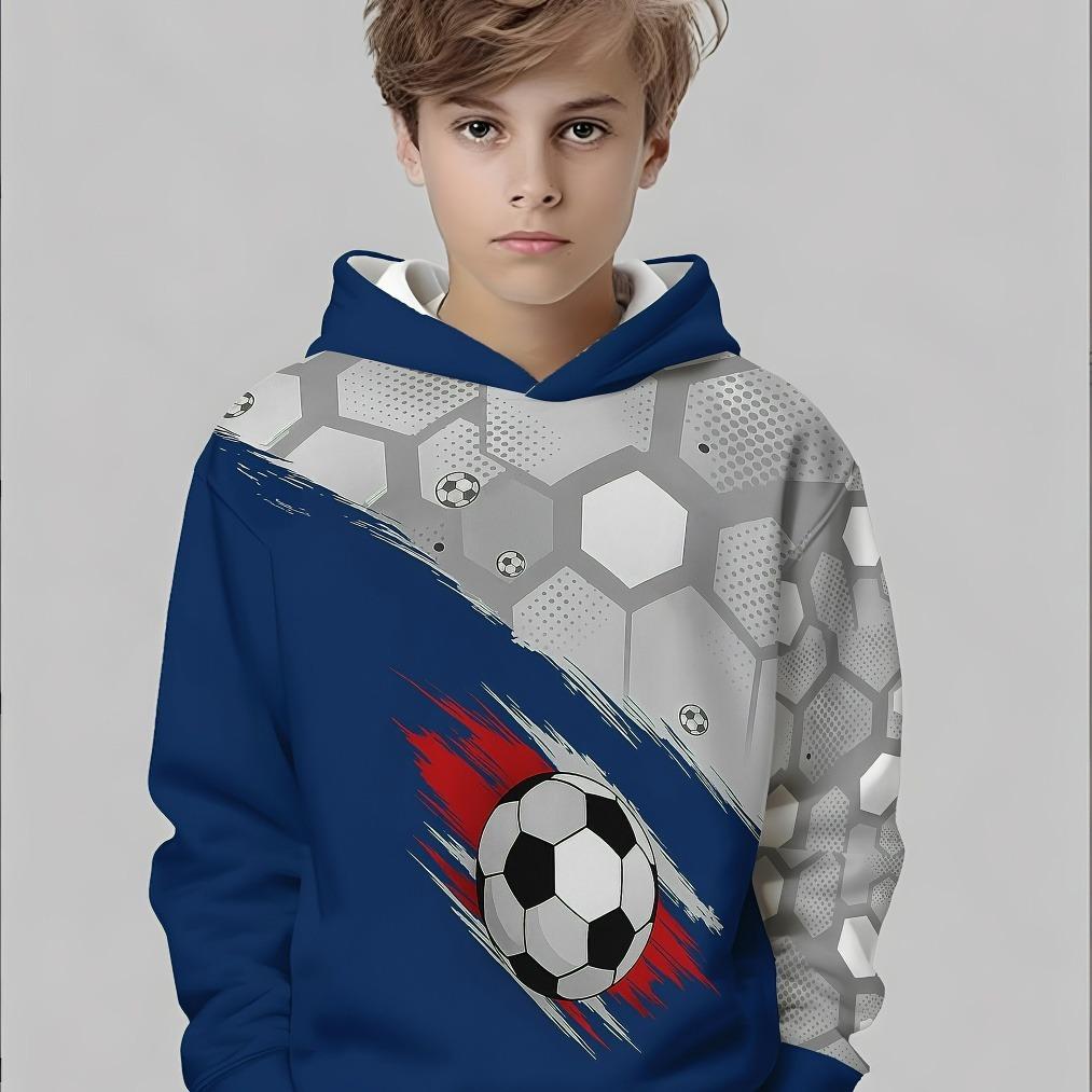 Boys' fashionable 3D printed football pattern, comfortable and versatile long sleeved hooded top for children