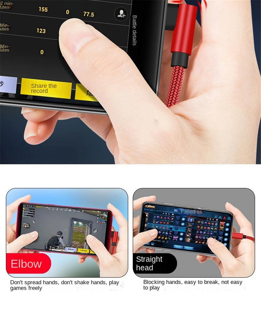6A 66W Type C USB Fast Charging Cable 90 Degree Elbow Charger Cable for Gaming Quick Charge Cord for Huawei Xiaomi Redmi Honor