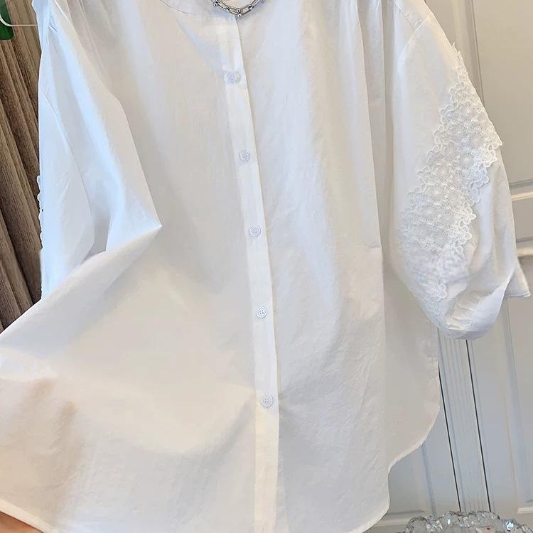 Haut Babydoll Blanc en Coton avec Inserts en Dentelle pour Femme Grande Taille, Col Rond, Manches Sept-Quarts, Été 2025