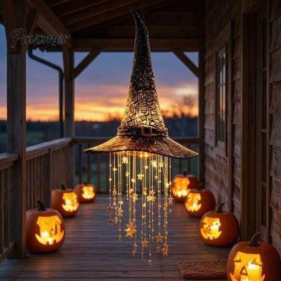 Immersive Halloween Visual Effects Lighted Witch Hat Hanging Chime, LED Glowing Wizard with Lightweight Decor Swinging Star Tassels, Indoor