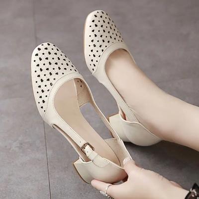 Fashion With Medium Heels Thick Heel Leather Sandals for Women Closed Beige Ladies Shoes Footwear Summer 2024 Vip Sale Anti Slip Hot F H