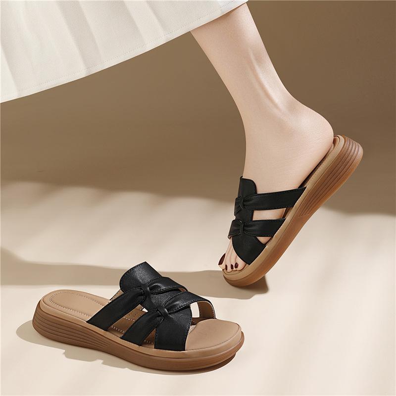 Women's Sheepskin Genuine Leather Mother Slippers Summer New Outer Wear Middle-aged Soft Bottom Casual Slope Heel Thick Bottom Fashion Sandals