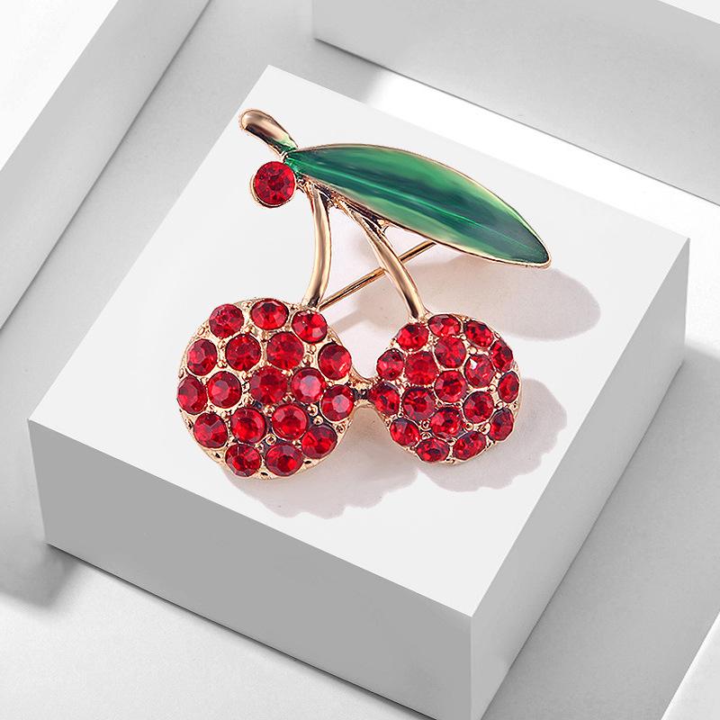 Fashion Green Fruit Leaves Cherry Oil Drop Brooch Female Rhinestone  Designer Brooch Pin Mini Bobby Pins Perfect Gift for Couples