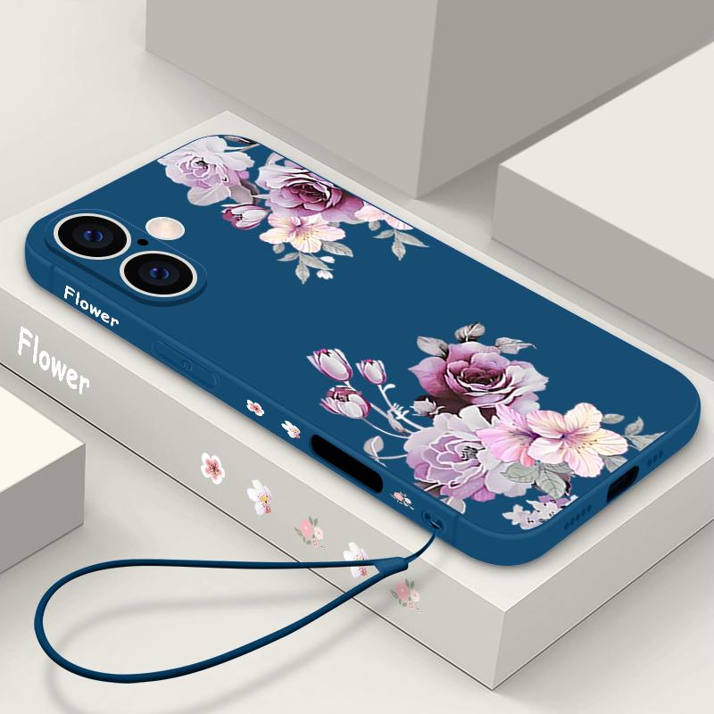 Carcasă rezistentă la șocuri cu model floral violet pentru iPhone 16 Pro Max 15 Pro 14 13 12 Mini 11 XS XR 8 7 Lanyard TPU Lens Protection Matte Soft Phone Cover