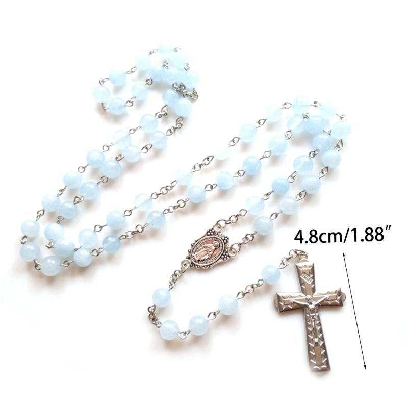 Yoga Room Decorations Gift Blue Jades Bead Cross Rosary Necklaces Bead Chain Pendant Ornaments for Home Church