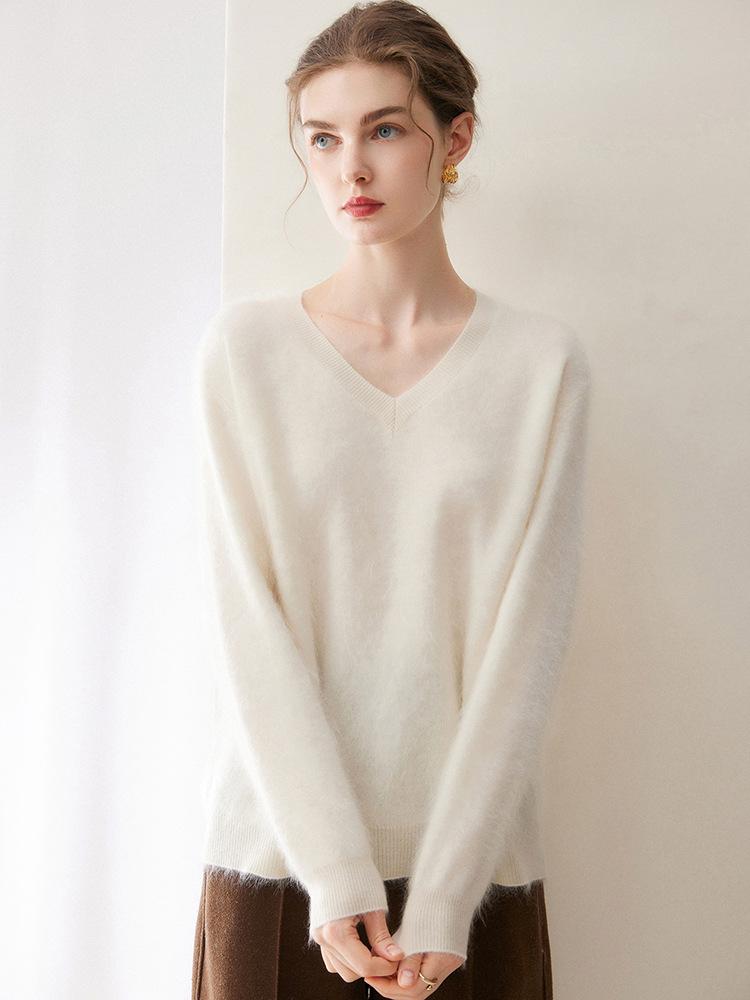 Kang Sai Ni Women's 100% Cashmere Long Brushed Sweater, Old Money Style Knitwear