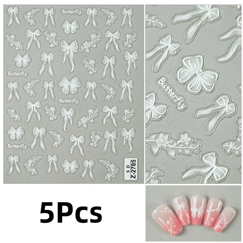 5Pcs 5D Nail Art Stickers Self Adhesive White Lace Bow Flower Embossed Design For Home Diy Manicure Nail Salon Use