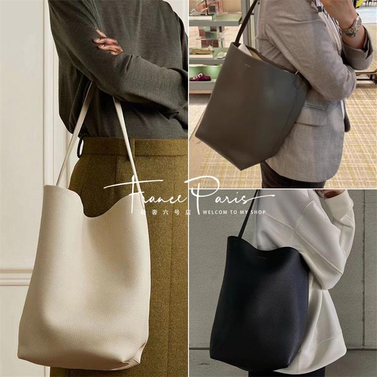 The Row Leather Large Capacity Commuting Tote Bag with High-end Feel, Top Layer Cowhide Bucket Bag, Single Shoulder Handbag for Women