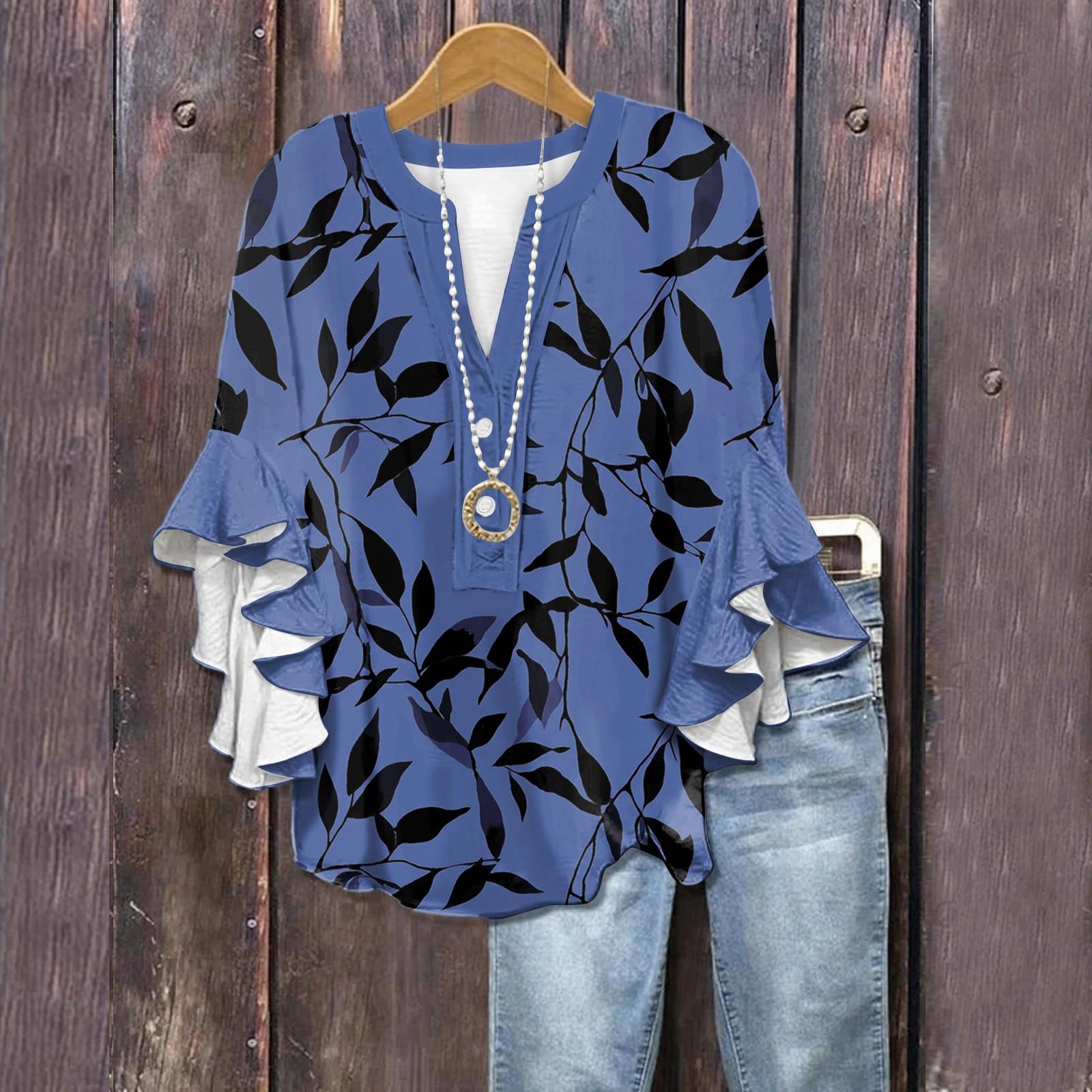 

Летние топы для женщин, симпатичные блузки с V-образным вырезом и рукавом 3/4, повседневные рубашки с цветочным принтом XL синий