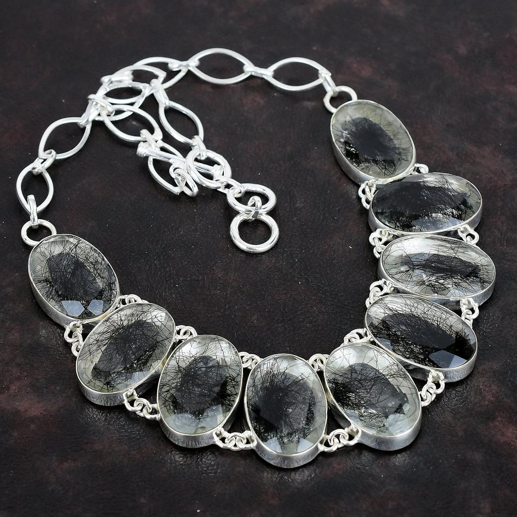 Faceted Black Rutile Gemstone Necklace 925 Sterling Silver Necklace Adjustable Chain Necklace Handmade Necklace Gifts for Her Silver Jewelry