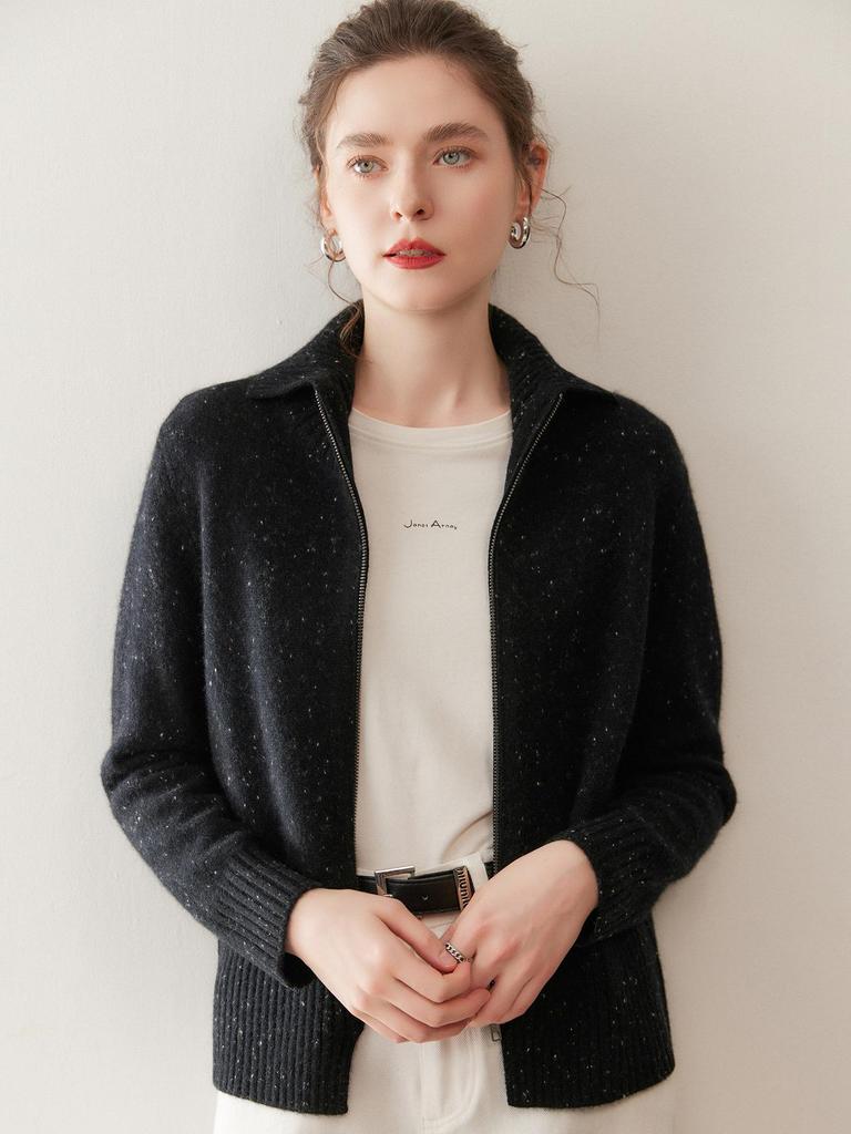 Women's Heavyweight Cashmere Dotted Knit Cardigan - High Neck, Long Sleeve, Zipper, Warm, Loose, Comfortable