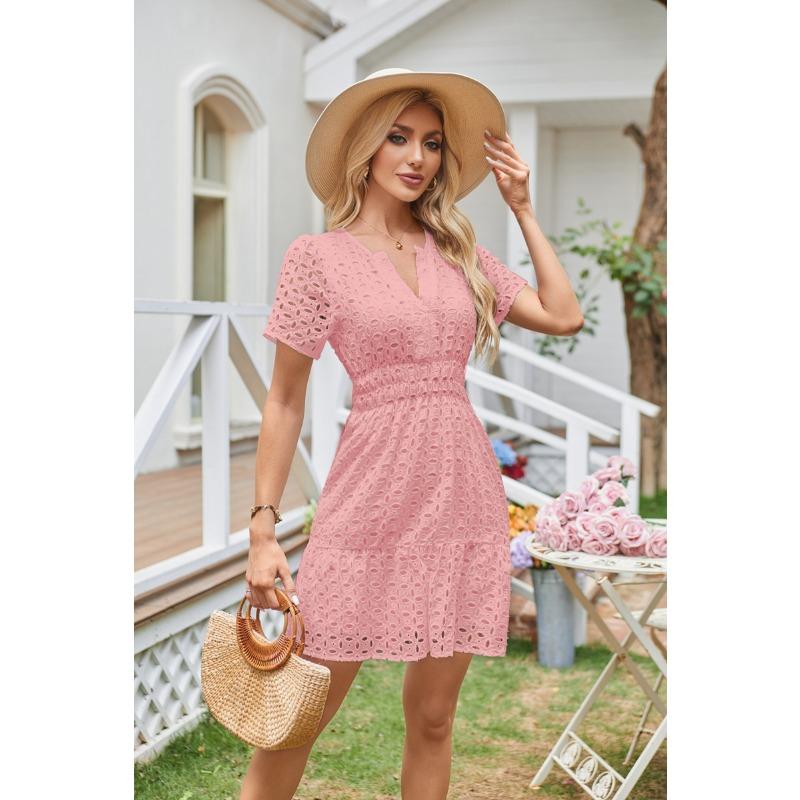 Female V-neck Hollow Lace Pleated Short Sleeved Dress