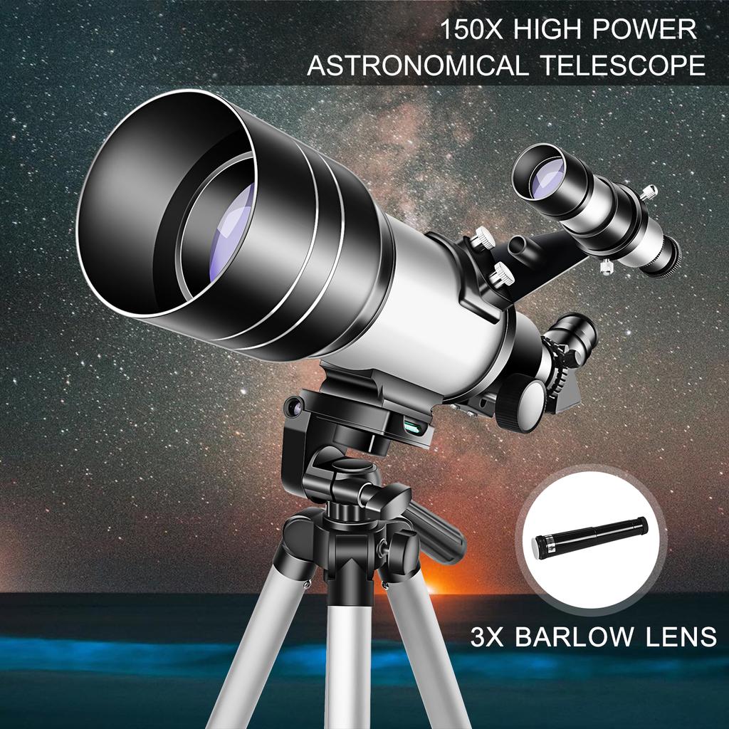 70mm Astronomical Telescope 150X High Power Monocular Telescope Refractor Spotting Scope with 5*24 Finder Scope Tripod Moon Filter 3X Barlow Lens for