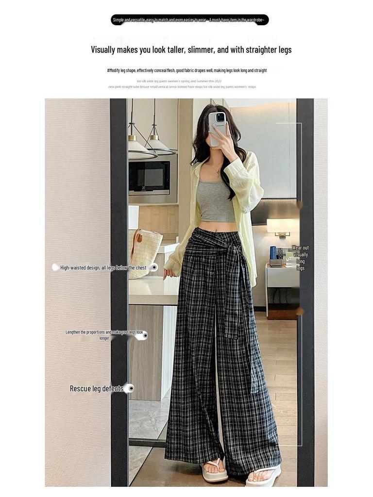 Plaid Strappy High-Waisted Wide-Leg Pants - Women's Korean Style Casual Long Pants