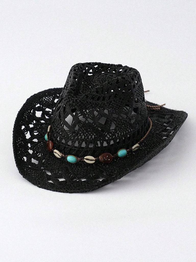 Unisex White Hollow Woven Straw Hat With Beaded Band, Rolled Brim Panama Cowboy Hat For Summer Outdoor Travel Sun Protection