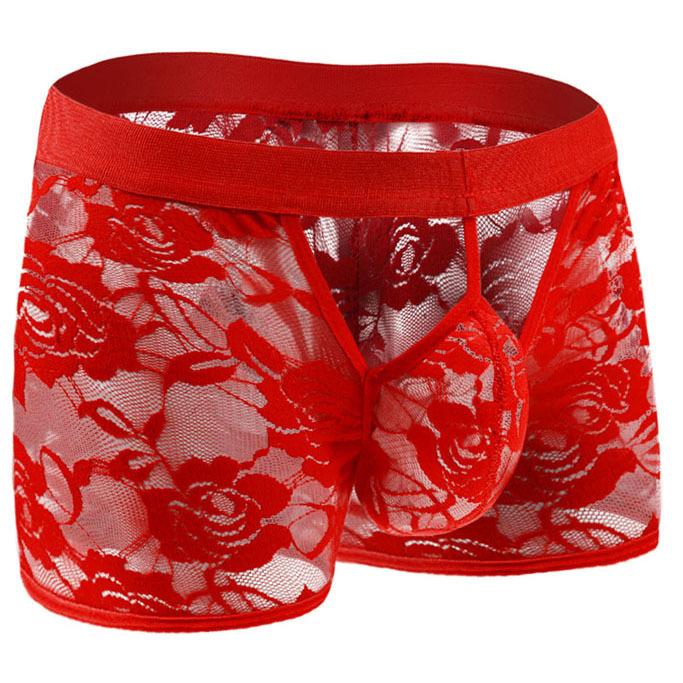 Men'S Floral Lace Boxer Open Front Bugle Pouch Sissy Lingerie Underwear Sexy See Through Underpants Trunks Crossdress Panties