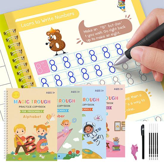 Yousheng 4Pcs Grooved Writing Practice Book with Pens Refills Pencil Gripper Reusable Kids Handwriting Practice Workbooks Alphabet Tracing Learning
