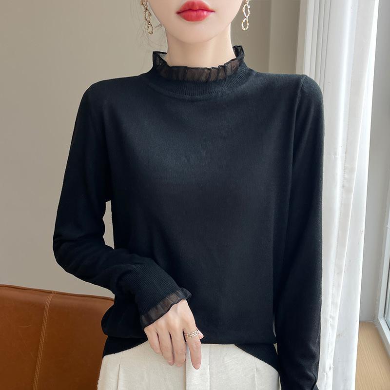 Women's Simple Ruffled Half-High Neck Thin Knitted Wool Sweater Lace Elegant Solid Color Comfortable Frilled Base Layer