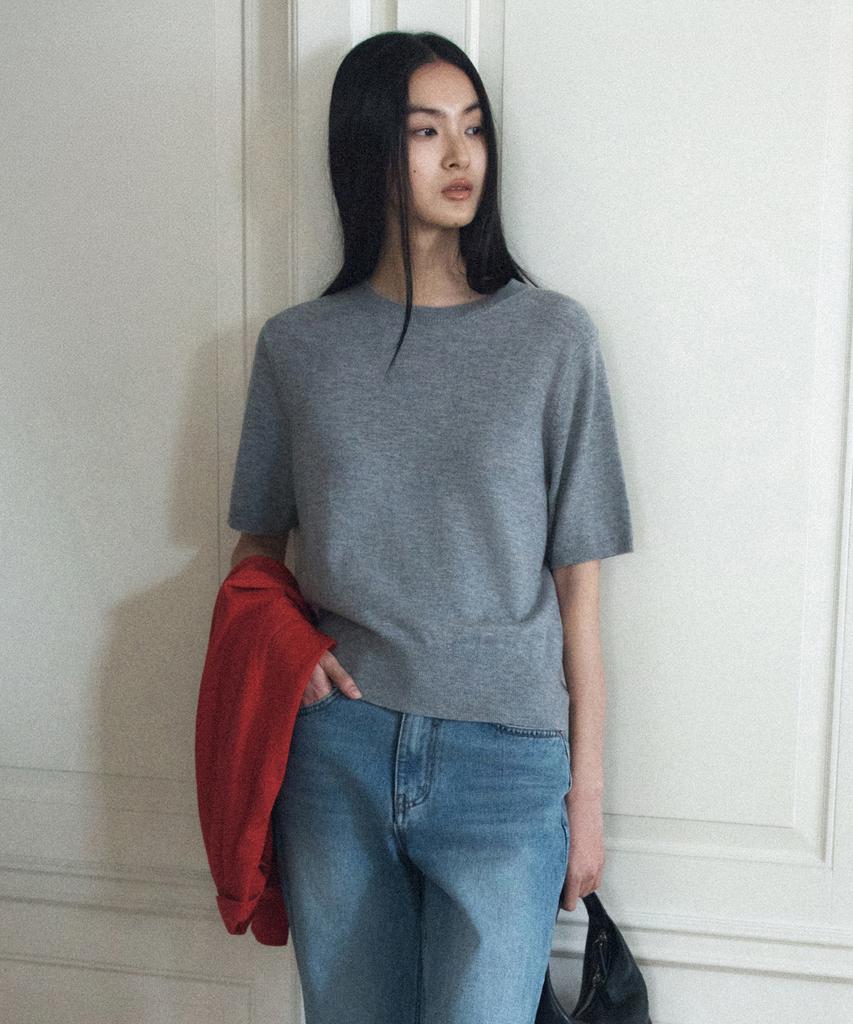 Siyajyu Sikn2184 Basic Round Neck Short Sleeve Knit_Melange Gray