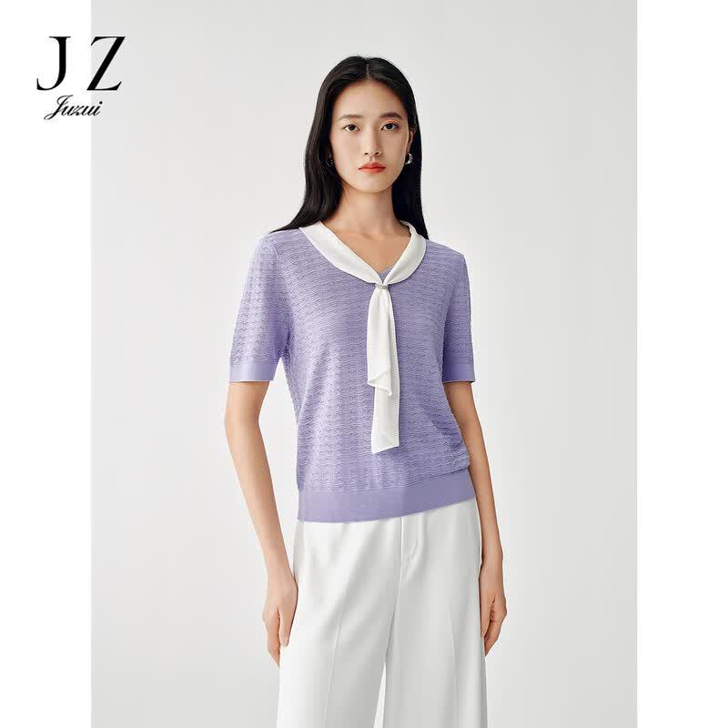 JUZUI Women s Elegant Acetate Knit Short Sleeve Top with Scarf Collar L