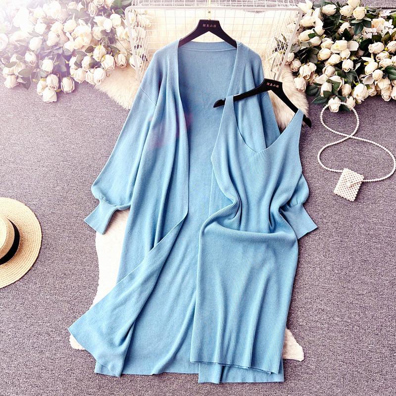 

Французский элитный однотонный вязаный модный костюм, комплект из двух предметов, женское осеннее платье-комбинация с v-образным вырезом + свободная тонкая куртка с длинными рукавами One Size синий