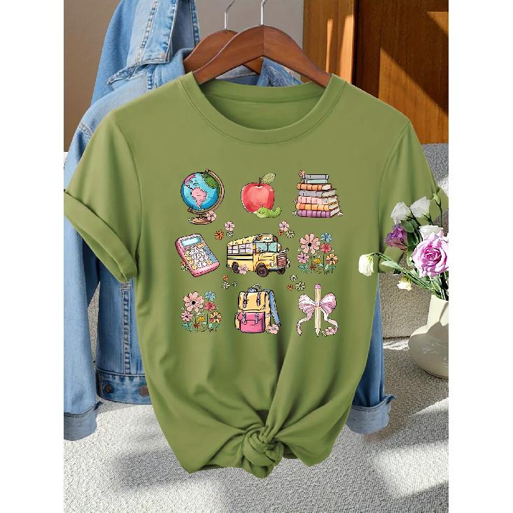 Back-to-School Season Fashionable and Elegant Pencil and Other Campus-themed Pattern Printed Round-neck Short-sleeve Shirt T Women's Shirts for