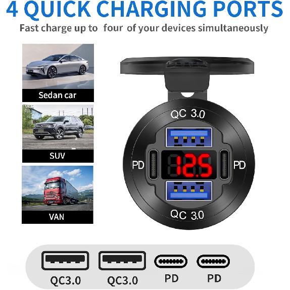 12V USB Outlet 4 Port Car Charger Socket, Dual PD USB C And Dual Quick Charge 3.0 Port Aluminum Charger With Red Voltmeter DIY Kit Waterproof For Car