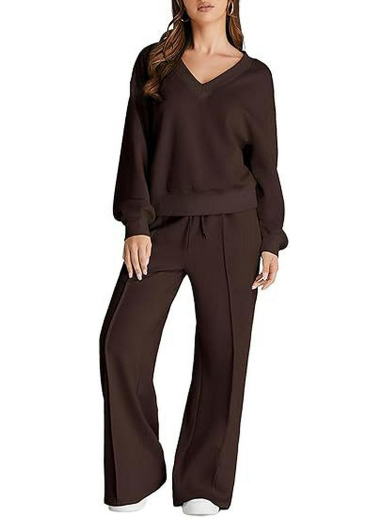 Conjunto Casual de Sudadera de Color Sólido con Cuello en V y Pantalones Largos para Mujer Otoño/Invierno 2025 - Moda Europea/Americana