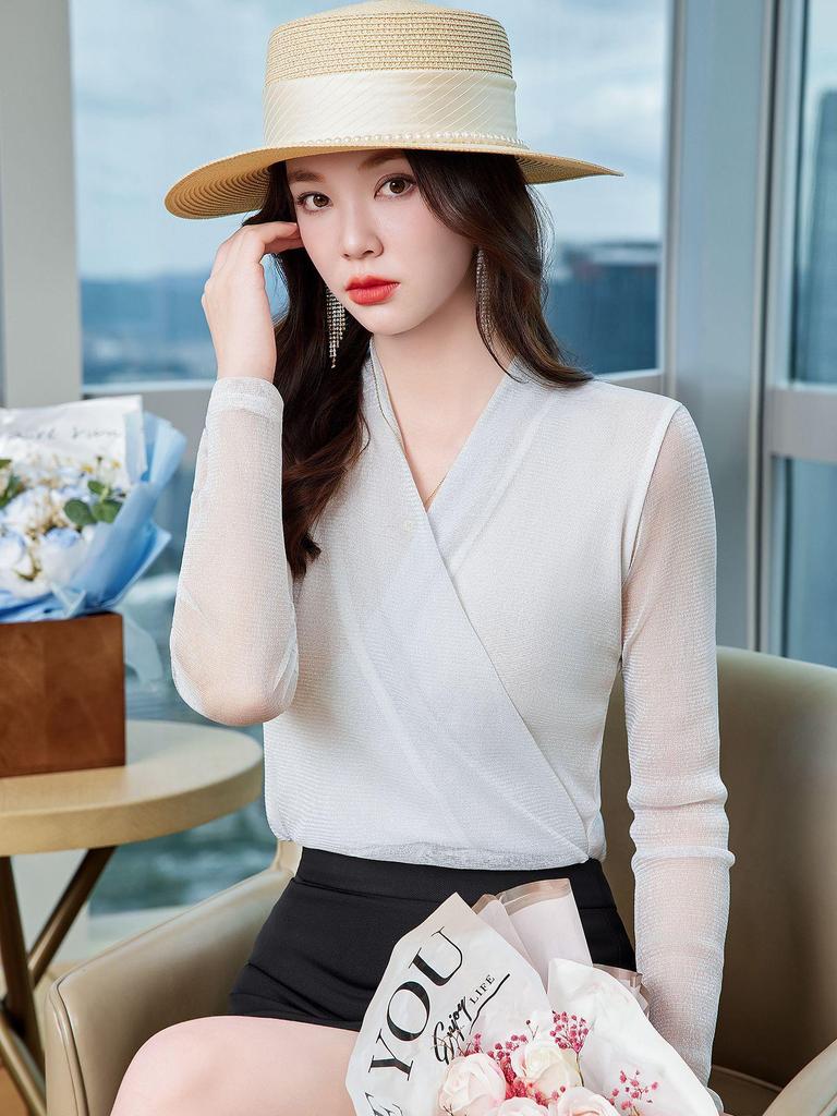 V-Ausschnitt Lurex Mesh Langarmbluse - Damen Slim Fit für Frühling/Herbst