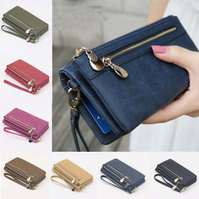 Multifunctional Walletpolish Leather Wallet Double Zipper Day Clutch Purse Wristlet Portefeuille Handbags Wallets For Women