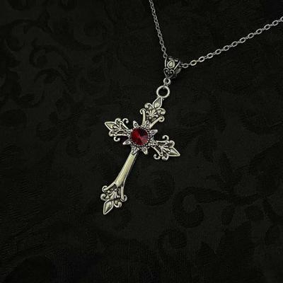 Gothic Victoria Red Crystal Cross Pendant Necklace for Men Women Personality Punk Hallowmas Party Vampire Jewelry Accessories