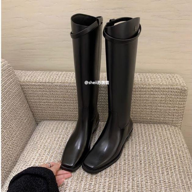 Spot Second Hair! Su Yinyin Has the Same Square Head Leather Oblique Mouth Ring Belt Thick Heel High Boots Knight Boots Women's Autumn and Winter