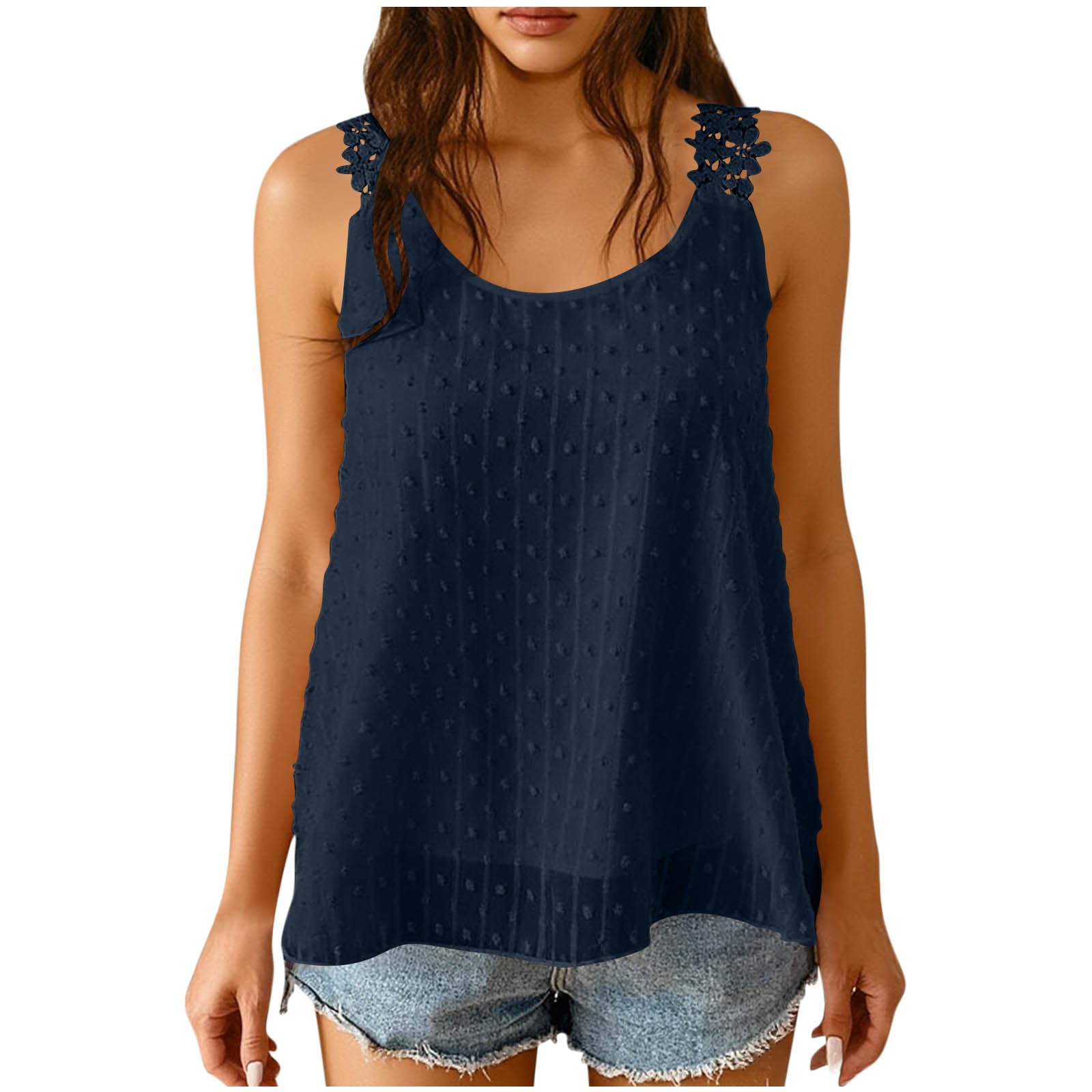 

Sleeveless Swiss Dot Textured Tank Top for Women with Lace Shoulder Detail Loose Fit Summer Blouse Casual Lightweight Shirt M